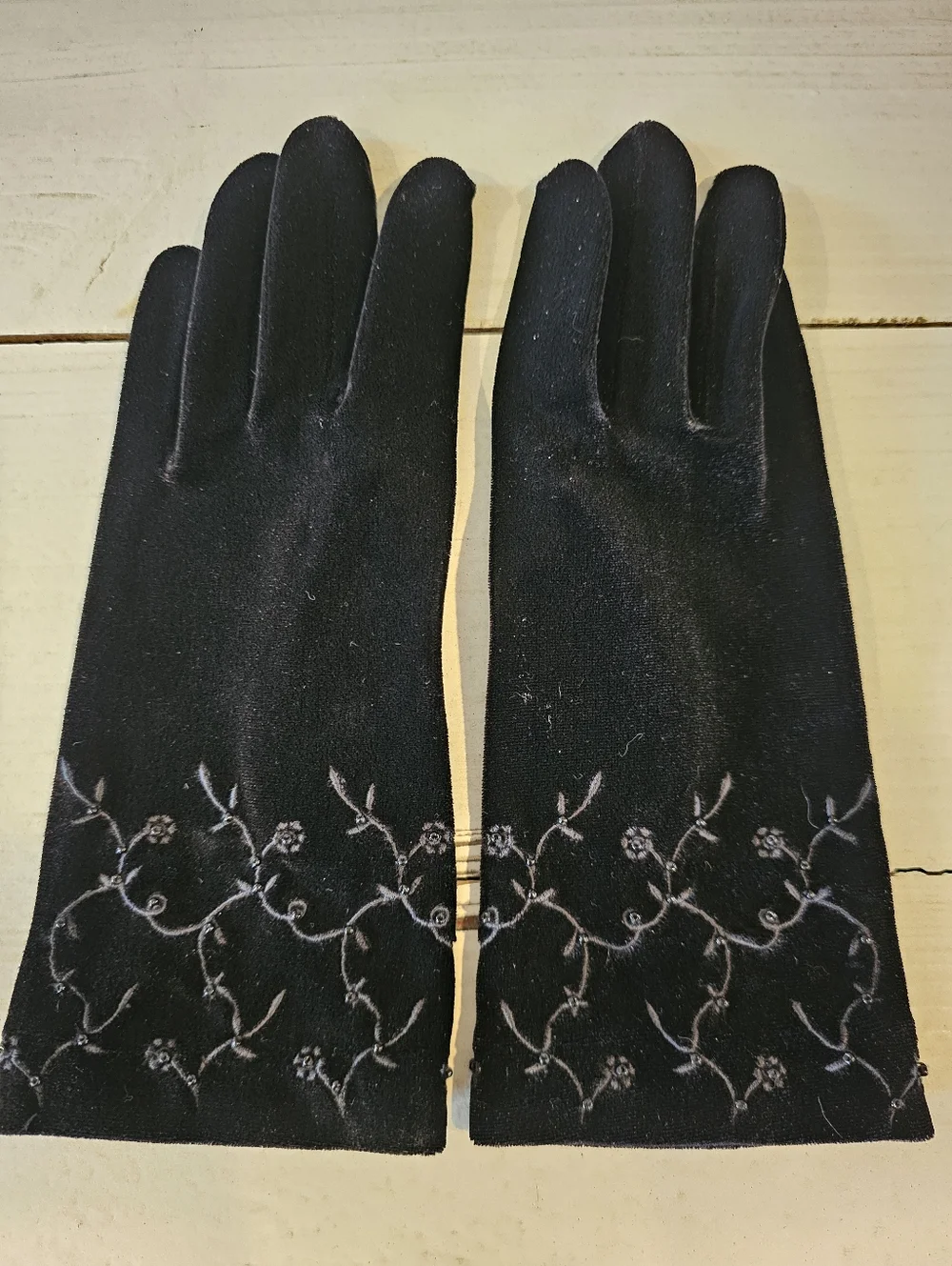 Stretch Black Velvet Gloves w/ Floral Embroidery & Bead Details